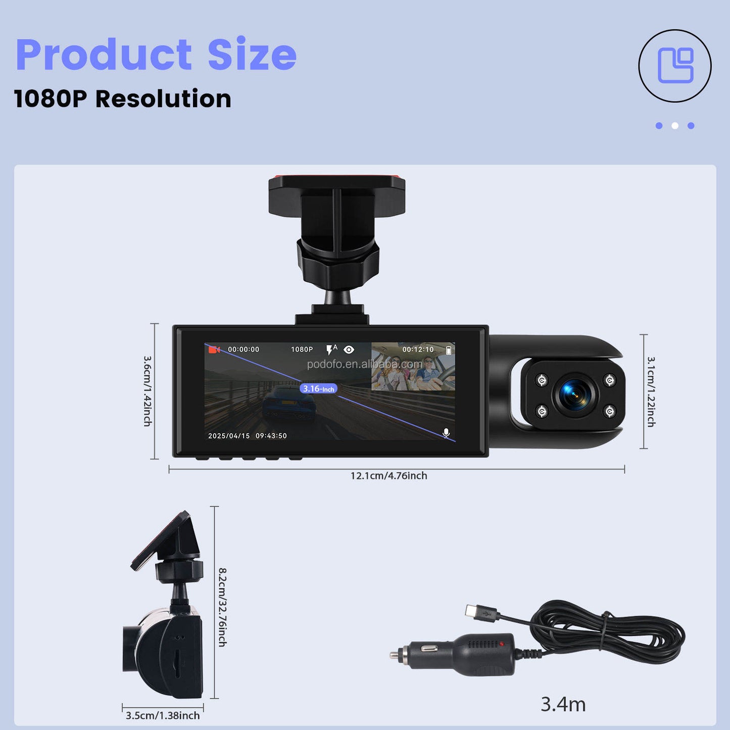 INTELLIGHT Dashcam Car Dual 3.16 Inch 1080p Front & Inside