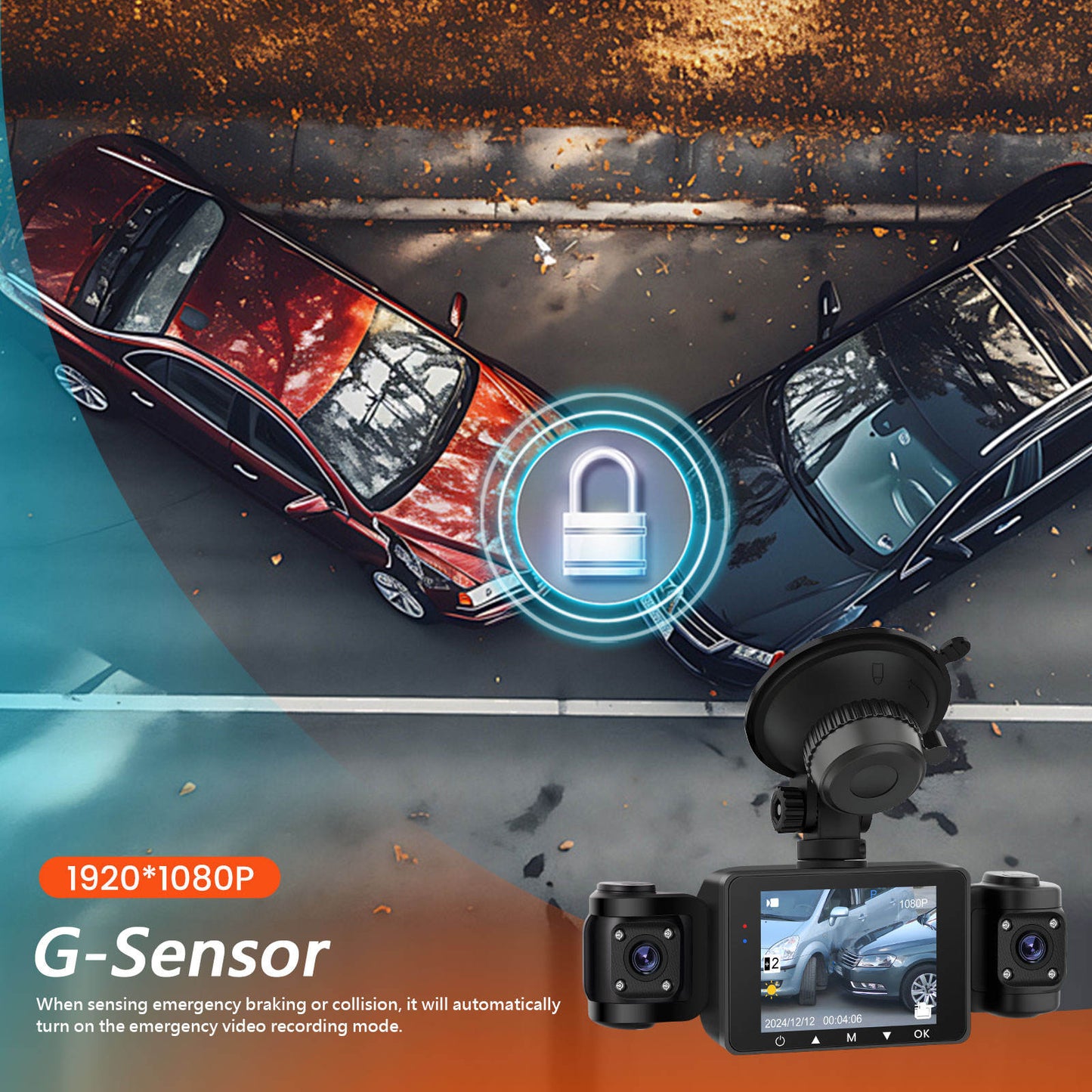 LIGHT Dashcam Car + Monitor 2.4 inch 1080p Inside Left & Right, Rear, Gravity Sensor