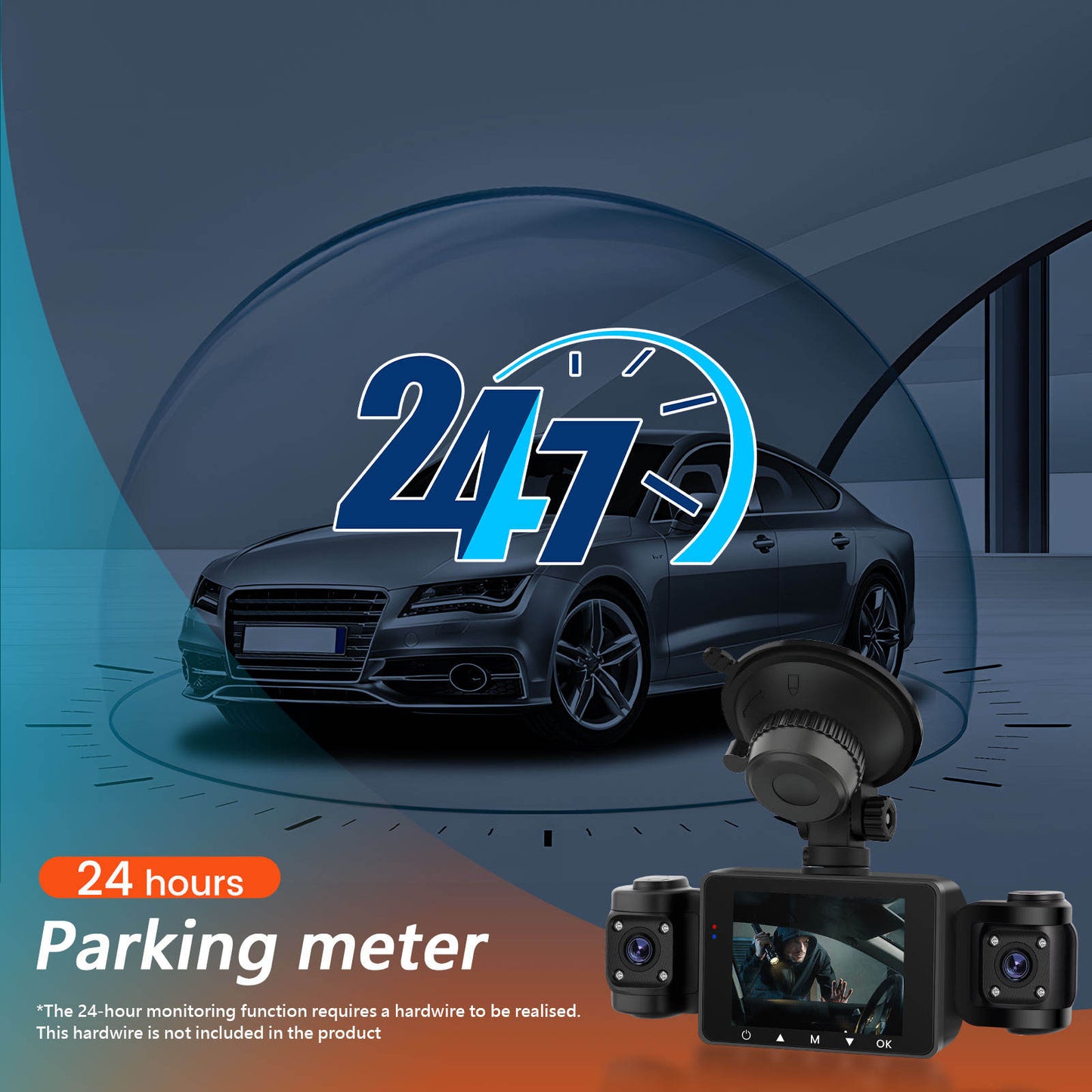 LIGHT Dashcam Car + Monitor 2.4 inch 1080p Inside Left & Right, Rear, Gravity Sensor