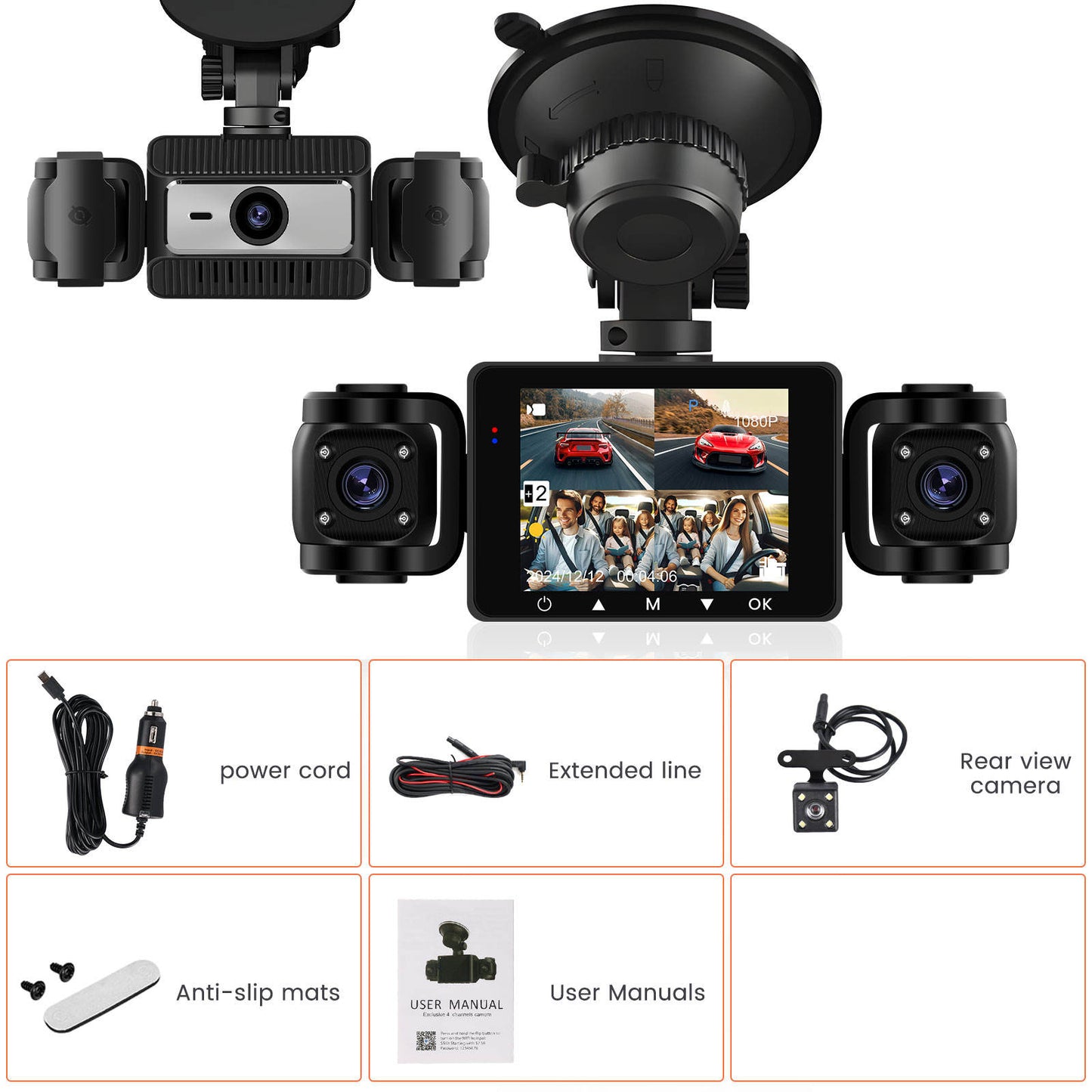 LIGHT Dashcam Car + Monitor 2.4 inch 1080p Inside Left & Right, Rear, Gravity Sensor