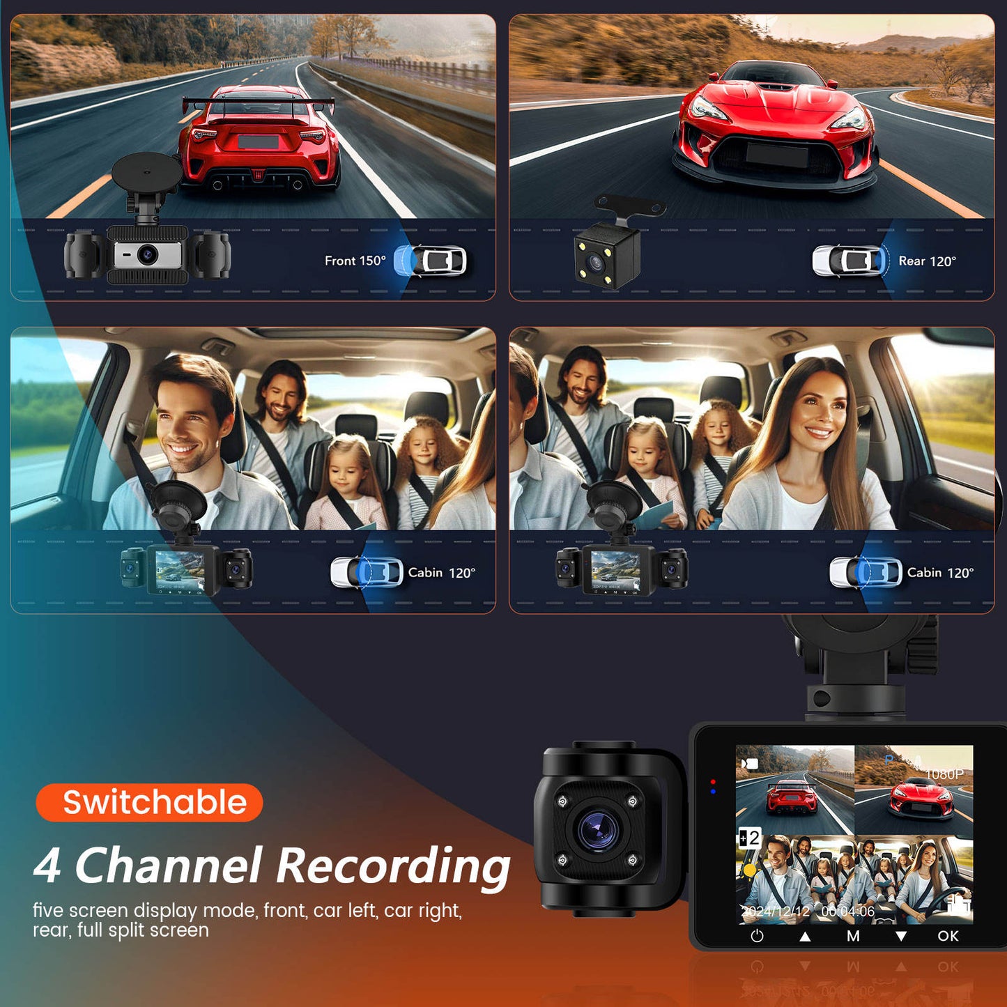 LIGHT Dashcam Car + Monitor 2.4 inch 1080p Inside Left & Right, Rear, Gravity Sensor