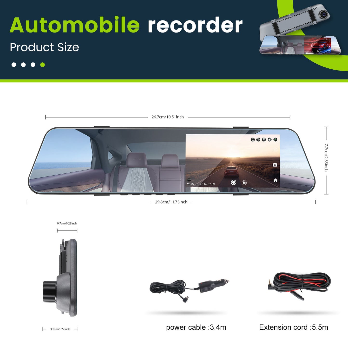 INTELLIGHT Dashcam Car Dual Rear View Mounted + Monitor 4.7 Inch 720p